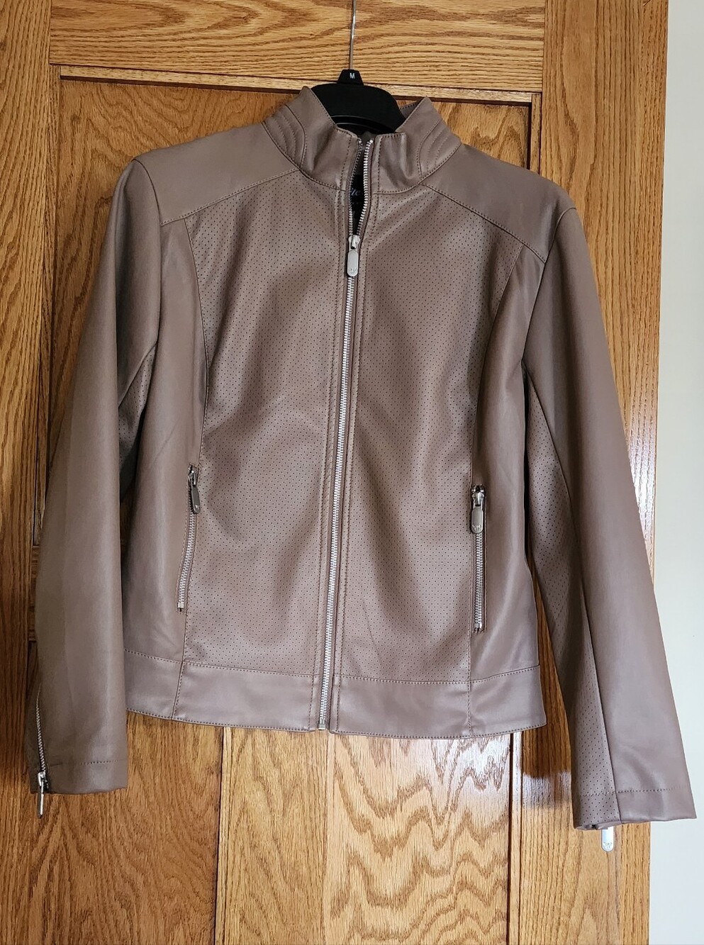 White Mark Taupe Faux Leather Zip Jacket